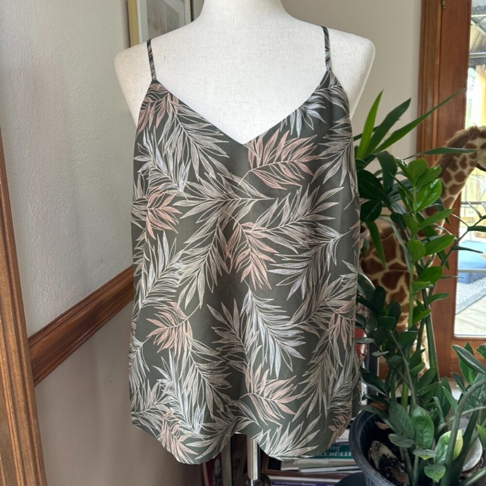 A New Day Cami Blouse, Womens M, Green with Leaves Print